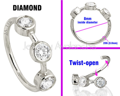 Jewelry Avalanche 14K Gold 3-stone Diamond Nose Hoop Ring, Bezel Set, 8mm, 20G