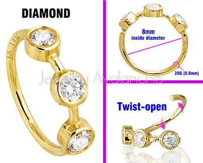 Jewelry Avalanche 14K Gold 3-stone Diamond Nose Hoop Ring, Bezel Set, 8mm, 20G