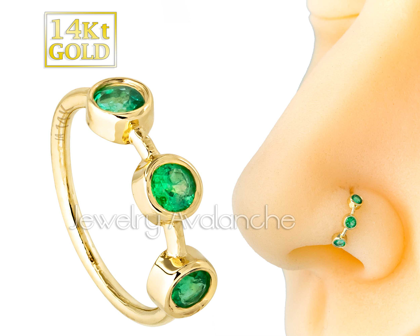 Jewelry Avalanche 20G 14K Gold 3-stone Bezel Set Emerald Nose Hoop, 8mm, May Birthstone