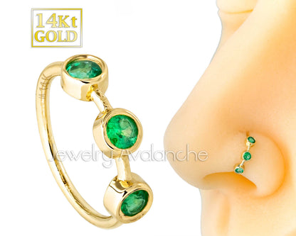 Jewelry Avalanche 20G 14K Gold 3-stone Bezel Set Emerald Nose Hoop, 8mm, May Birthstone