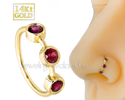 Jewelry Avalanche 20G 14K Gold Nose Hoop Ring with 3 Bezel Set Ruby Gemstones