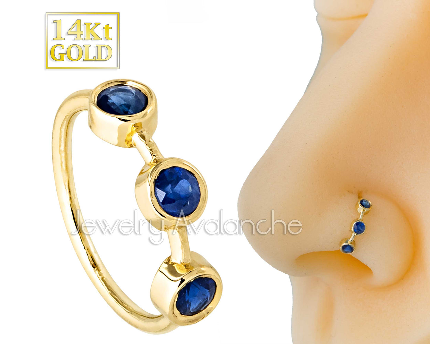 Jewelry Avalanche 14K Gold 3-stone Blue Sapphire Nose Hoop Ring, 8mm, Bezel Set, 20G