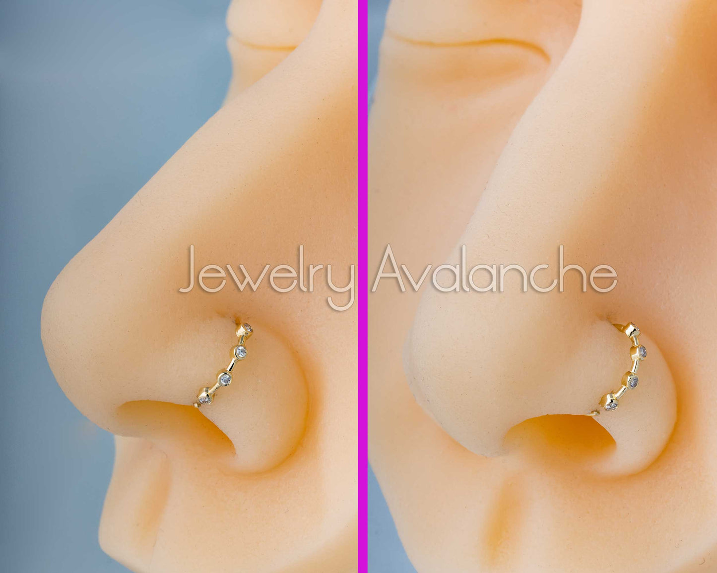 Jewelry Avalanche 14K Gold 4-stone Moissanite Nose Hoop, Bezel Set, 8mm, 20G Nose Ring