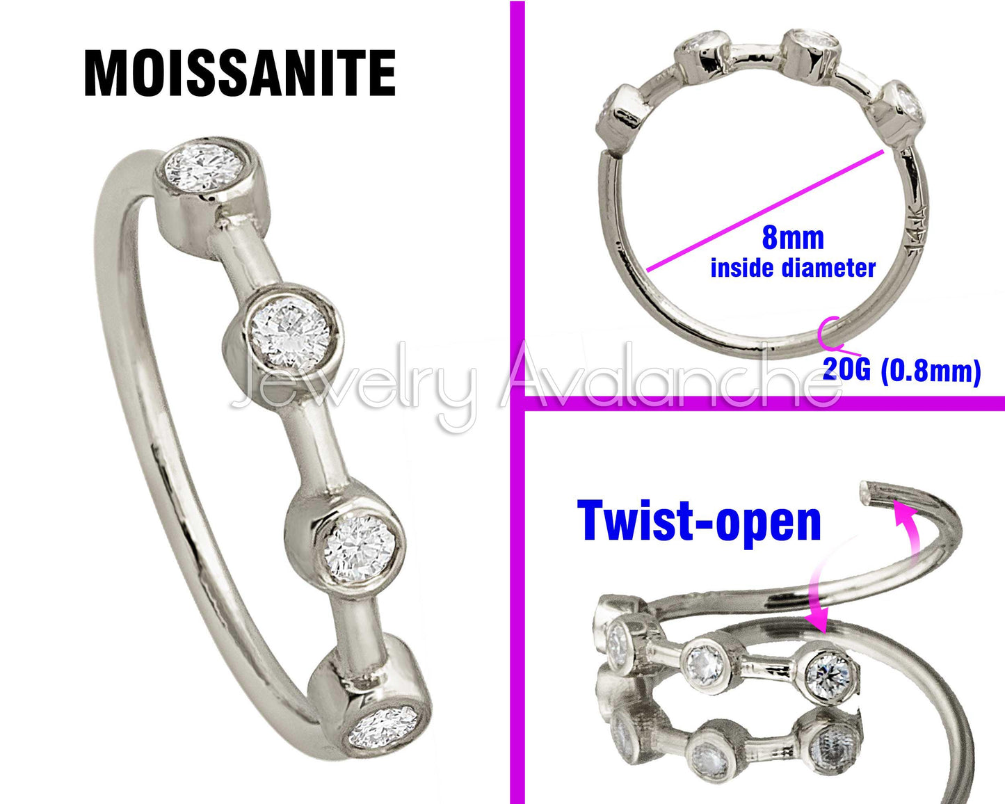 Jewelry Avalanche 14K Gold 4-stone Moissanite Nose Hoop, Bezel Set, 8mm, 20G Nose Ring