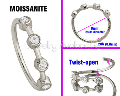 Jewelry Avalanche 14K Gold 4-stone Moissanite Nose Hoop, Bezel Set, 8mm, 20G Nose Ring