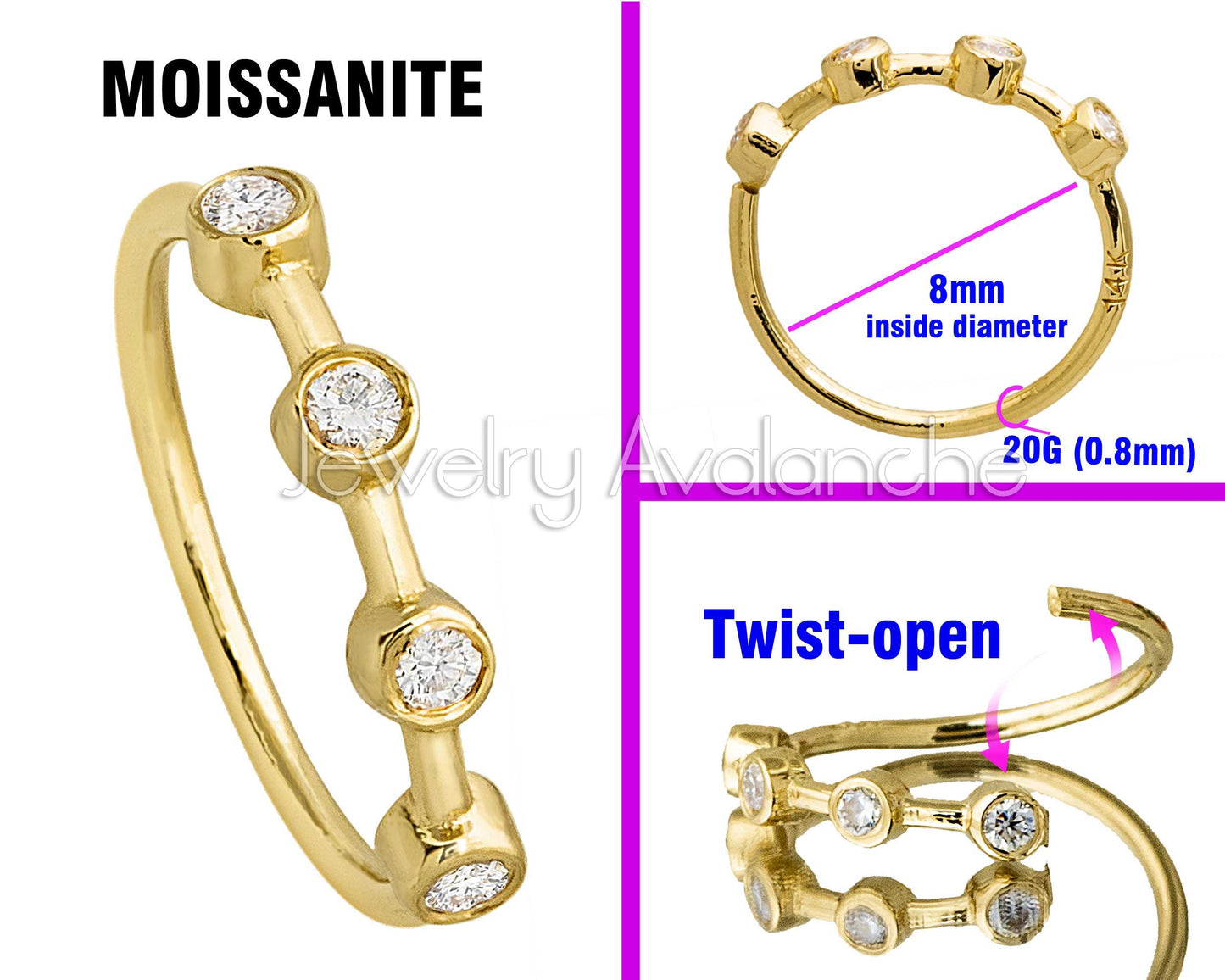 Jewelry Avalanche 14K Gold 4-stone Moissanite Nose Hoop, Bezel Set, 8mm, 20G Nose Ring