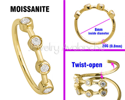 Jewelry Avalanche 14K Gold 4-stone Moissanite Nose Hoop, Bezel Set, 8mm, 20G Nose Ring