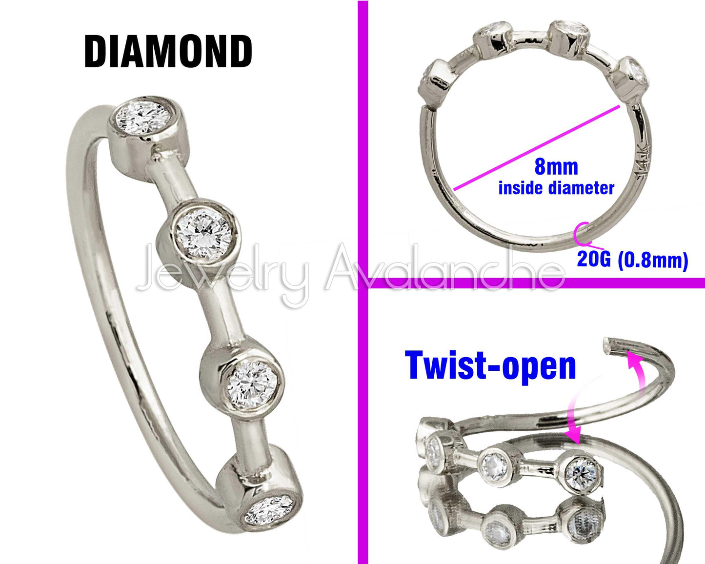 Jewelry Avalanche 14K Gold 4-stone Diamond Nose Hoop, Bezel Set, 8mm, 20G Nose Ring