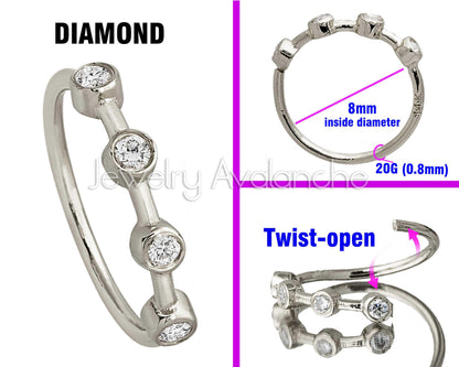 Jewelry Avalanche 14K Gold 4-stone Diamond Nose Hoop, Bezel Set, 8mm, 20G Nose Ring