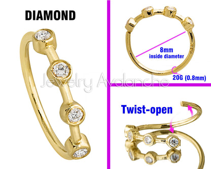 Jewelry Avalanche 14K Gold 4-stone Diamond Nose Hoop, Bezel Set, 8mm, 20G Nose Ring