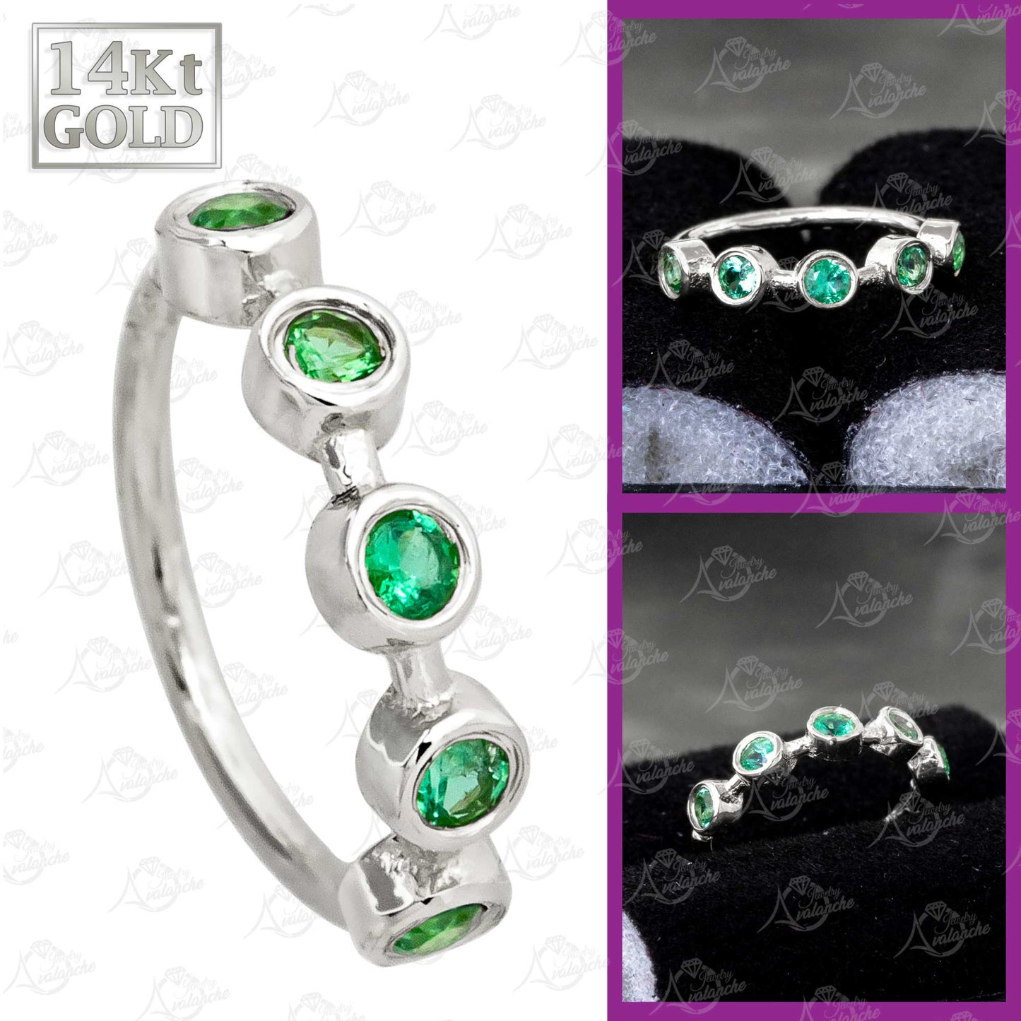 Jewelry Avalanche 20G 14K Gold 5-stone Bezel Set Emerald Nose Hoop, 8mm, May Birthstone Hoop
