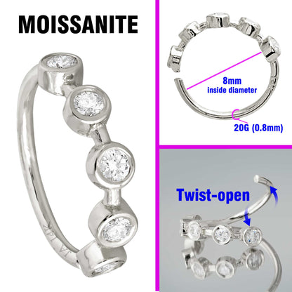 Jewelry Avalanche 14K Gold 5-stone Bezel set Moissanite Nose Hoop, 8mm, 20G Nose Ring
