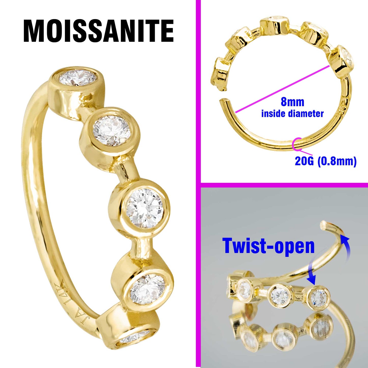 Jewelry Avalanche 14K Gold 5-stone Bezel set Moissanite Nose Hoop, 8mm, 20G Nose Ring
