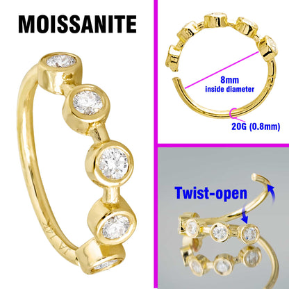 Jewelry Avalanche 14K Gold 5-stone Bezel set Moissanite Nose Hoop, 8mm, 20G Nose Ring