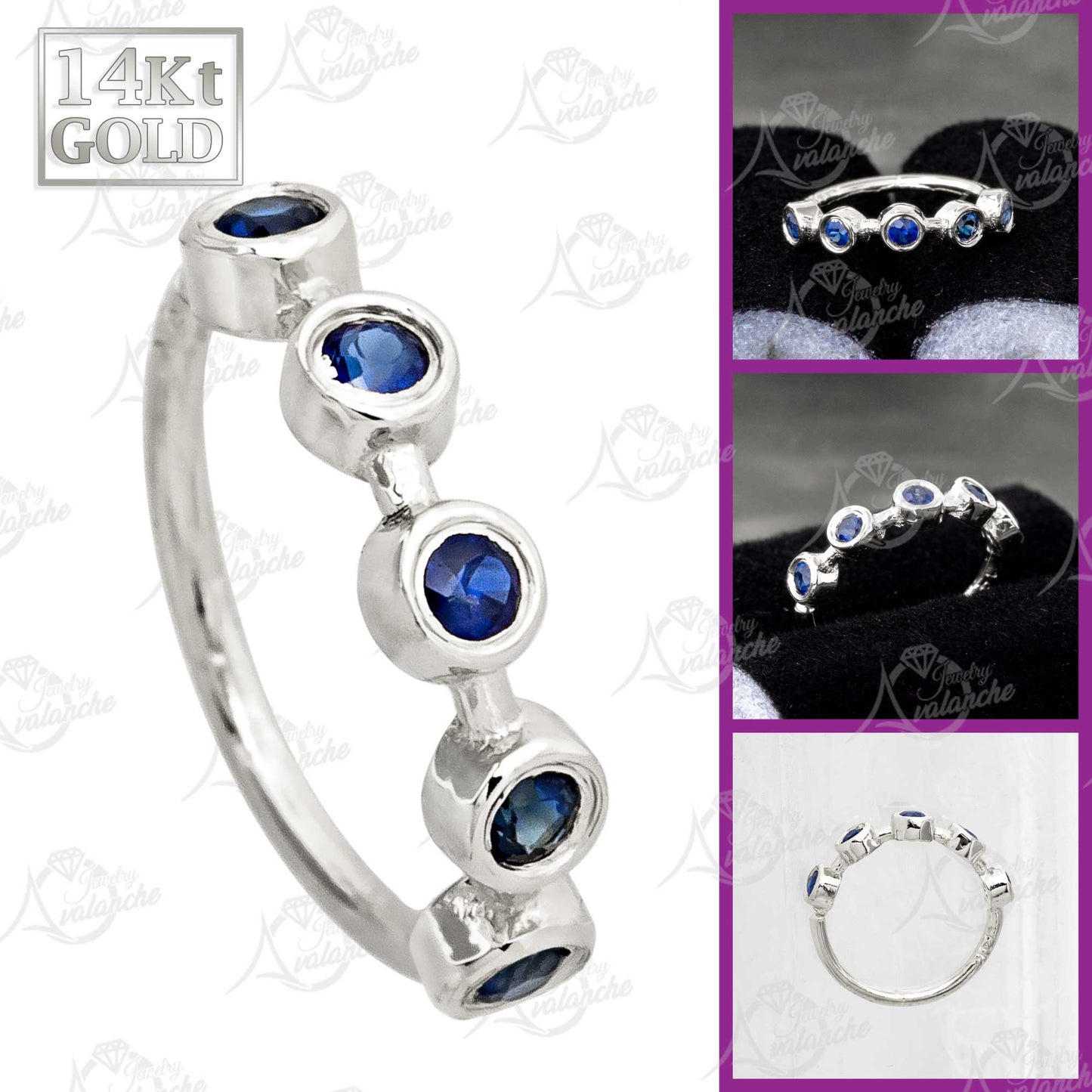 Jewelry Avalanche 14K Gold 5-stone Bezel set Blue Sapphire Nose Hoop, 8mm, 20G Nose Ring