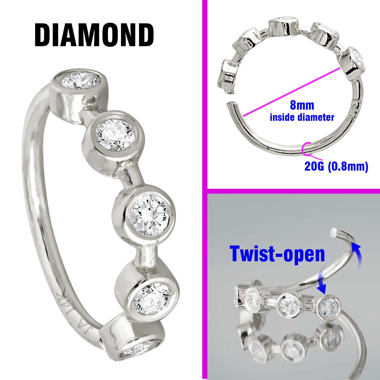 Jewelry Avalanche 14K Gold 5-stone Bezel set Diamond Nose Hoop, 8mm, 20G Nose Ring