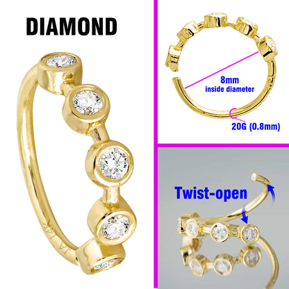 Jewelry Avalanche 14K Gold 5-stone Bezel set Diamond Nose Hoop, 8mm, 20G Nose Ring