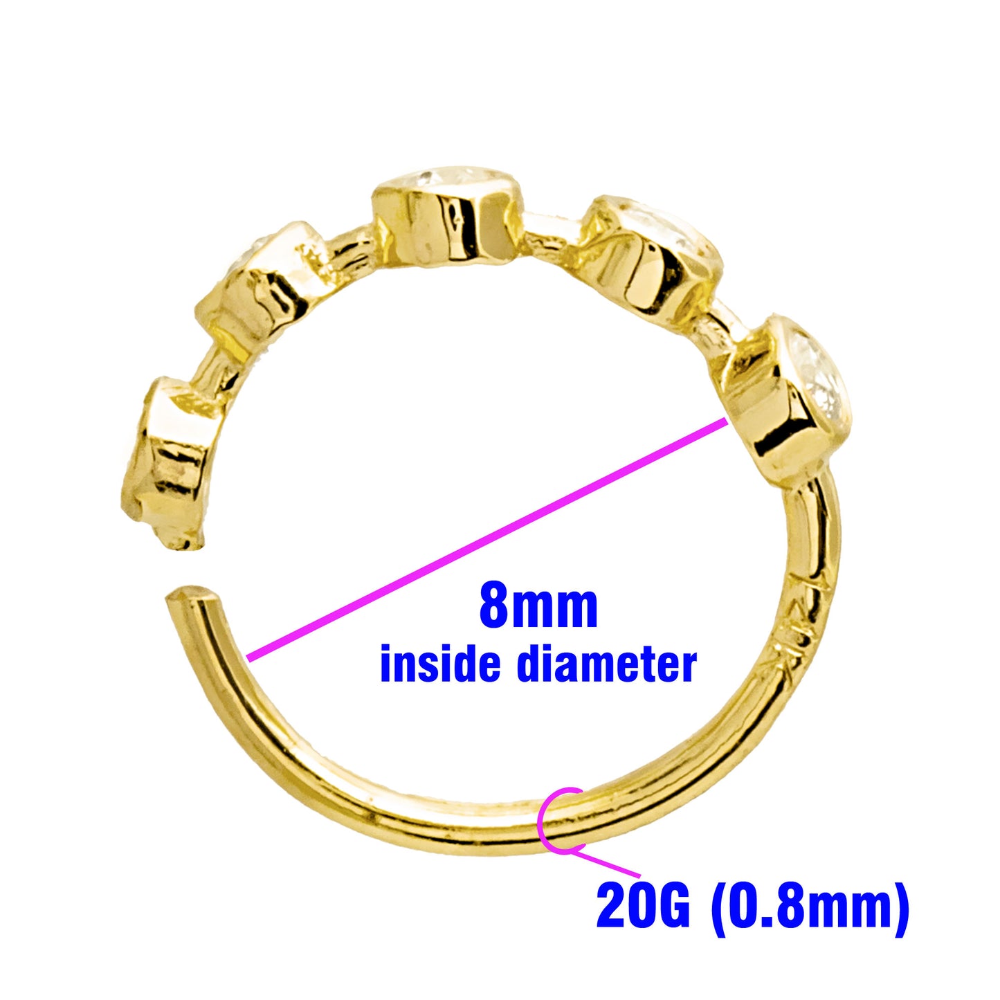 Jewelry Avalanche 14K Gold 5-stone Bezel set Diamond Nose Hoop, 8mm, 20G Nose Ring