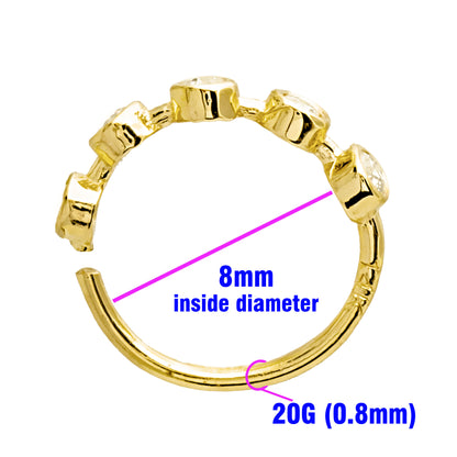 Jewelry Avalanche 14K Gold 5-stone Bezel set Diamond Nose Hoop, 8mm, 20G Nose Ring