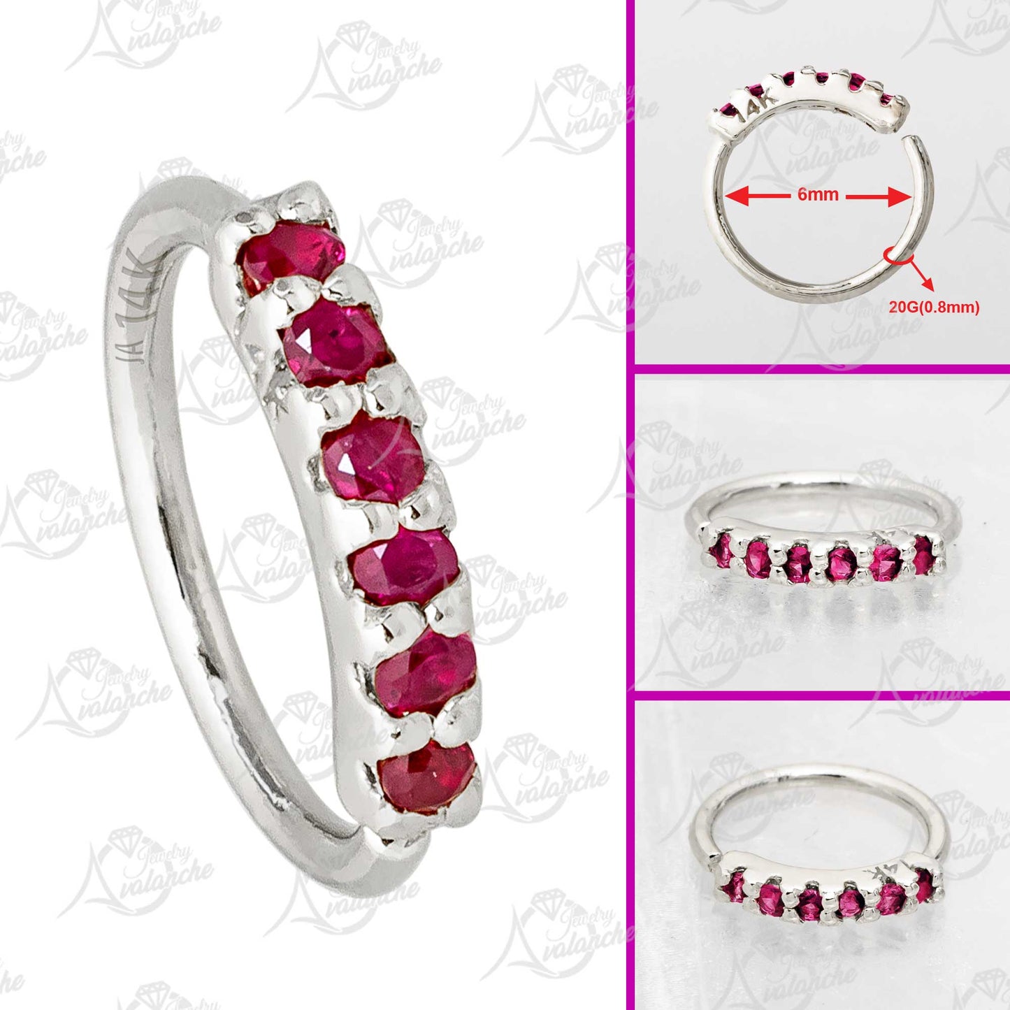 Jewelry Avalanche Unisex 20G 14K Gold Ruby Nose Hoop, 6mm(1/4") Nose Ring