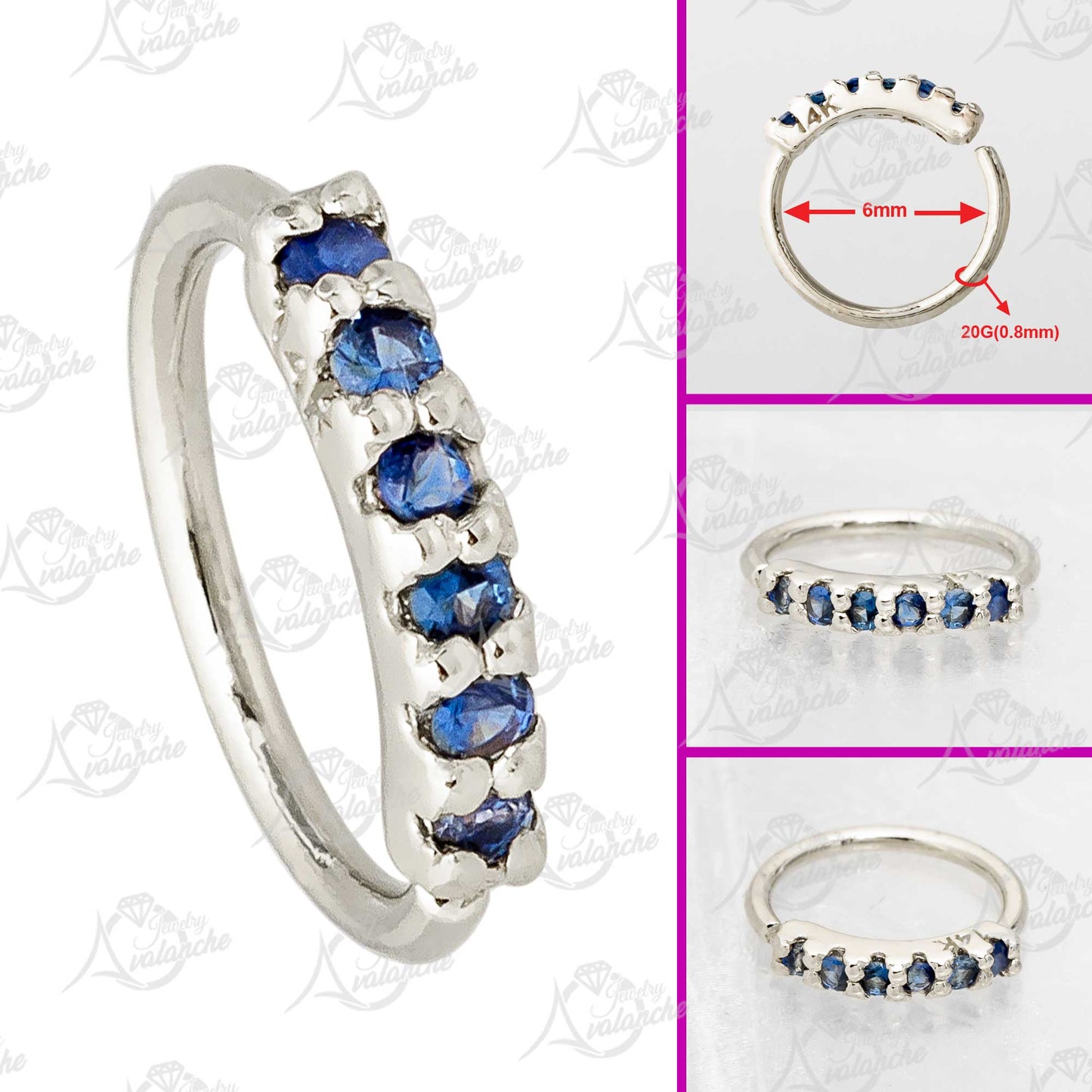 Jewelry Avalanche Unisex 20G 14K Gold Blue Sapphire Nose Hoop, 6mm(1/4") Nose Ring