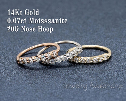 Jewelry Avalanche Unisex 20G 14K Gold 7-stone Nose Hoop Ring with Moissanites, 8mm Nose Ring