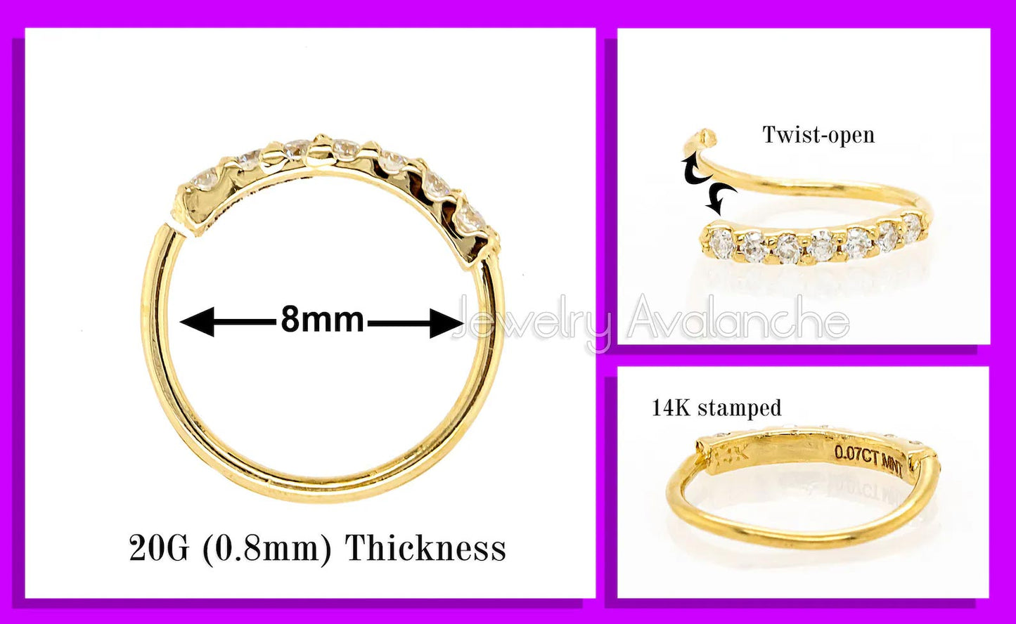 Jewelry Avalanche Unisex 20G 14K Gold 7-stone Nose Hoop Ring with Moissanites, 8mm Nose Ring