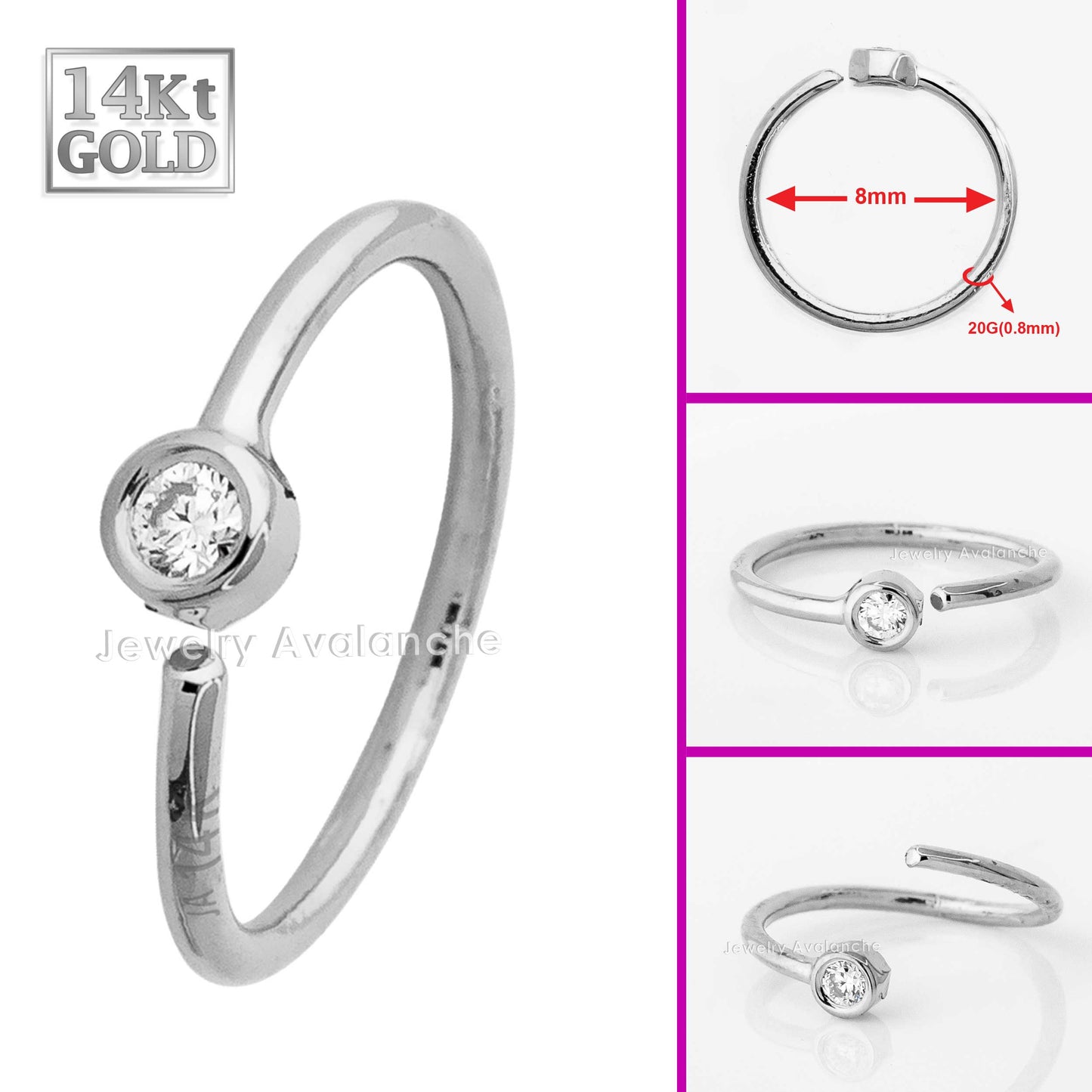 Jewelry Avalanche 20G 14K Gold Moissanite Nose Hoop Ring, Bezel Set, 8mm Twist-open