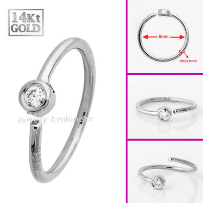 Jewelry Avalanche 20G 14K Gold Moissanite Nose Hoop Ring, Bezel Set, 8mm Twist-open