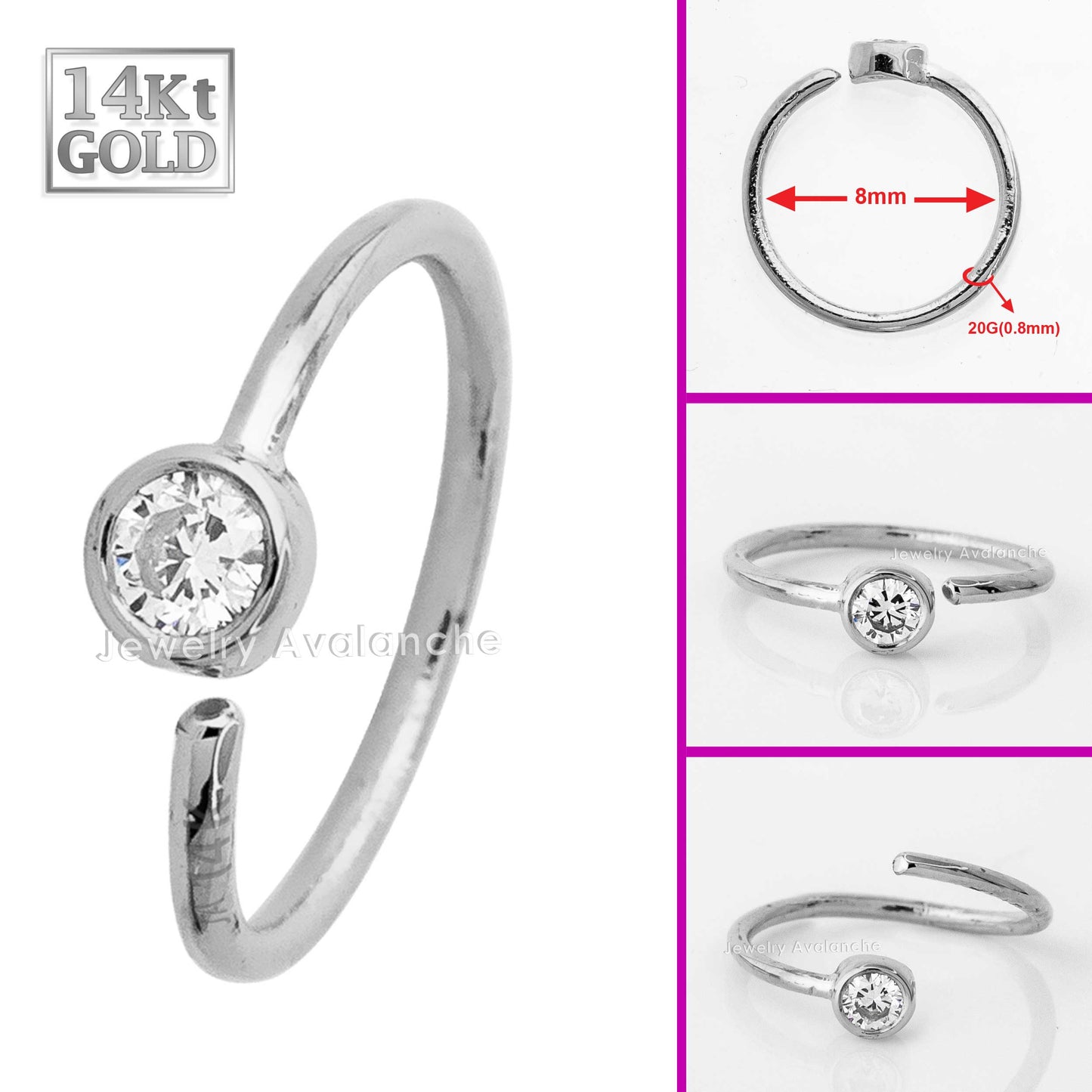 Jewelry Avalanche 20G 14K Gold Moissanite Nose Hoop Ring, Bezel Set, 8mm Twist-open