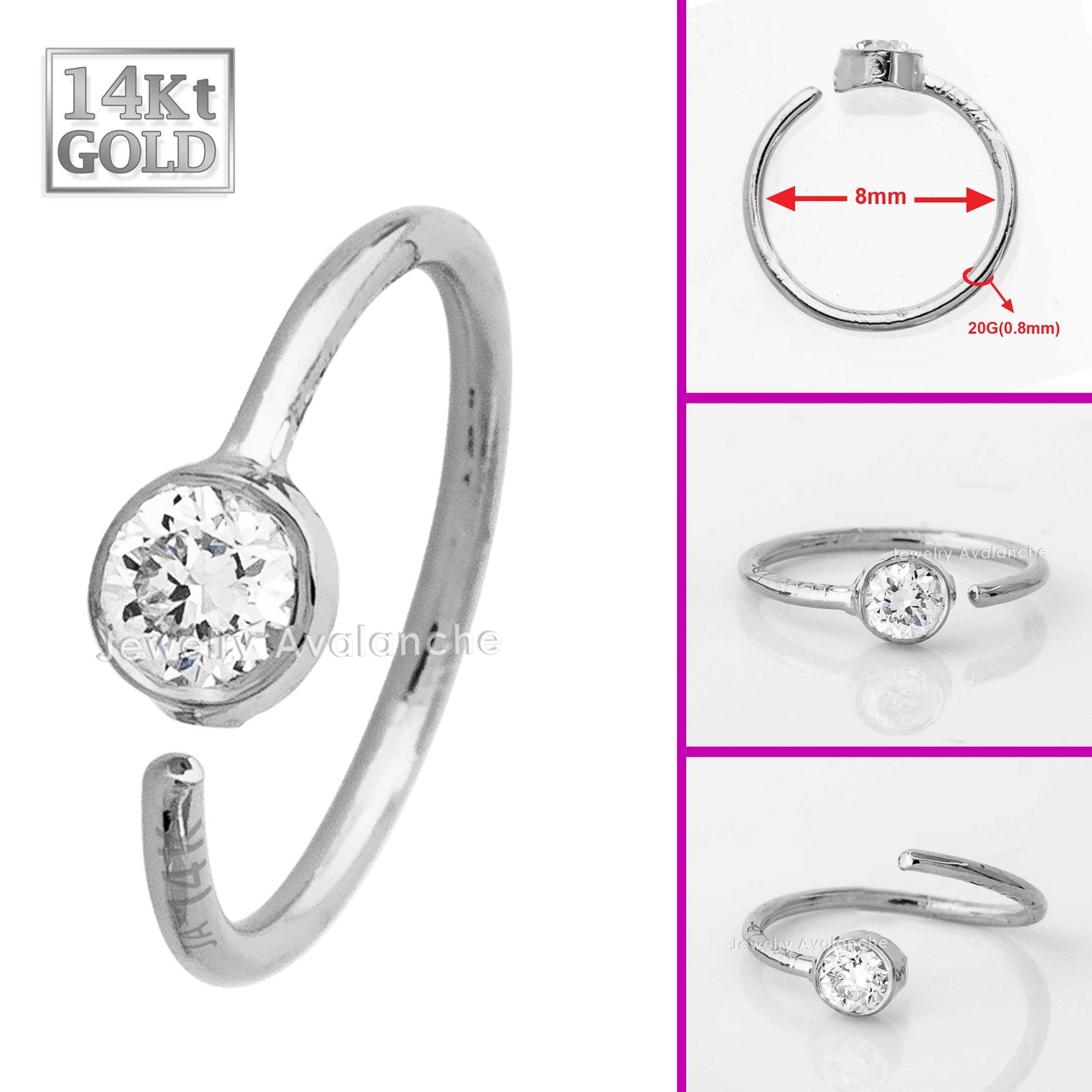 Jewelry Avalanche 20G 14K Gold Moissanite Nose Hoop Ring, Bezel Set, 8mm Twist-open