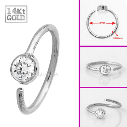 Jewelry Avalanche 20G 14K Gold Moissanite Nose Hoop Ring, Bezel Set, 8mm Twist-open