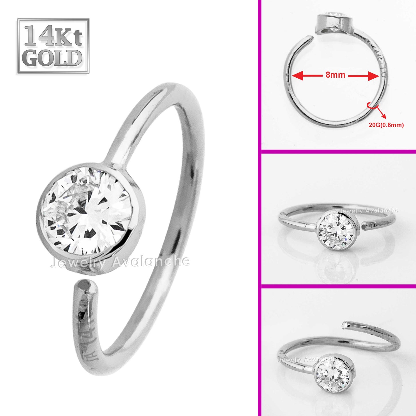 Jewelry Avalanche 20G 14K Gold Moissanite Nose Hoop Ring, Bezel Set, 8mm Twist-open
