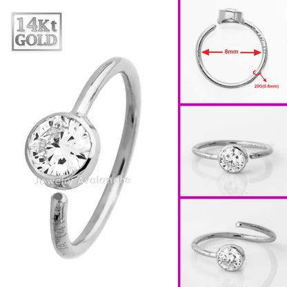 Jewelry Avalanche 20G 14K Gold Moissanite Nose Hoop Ring, Bezel Set, 8mm Twist-open