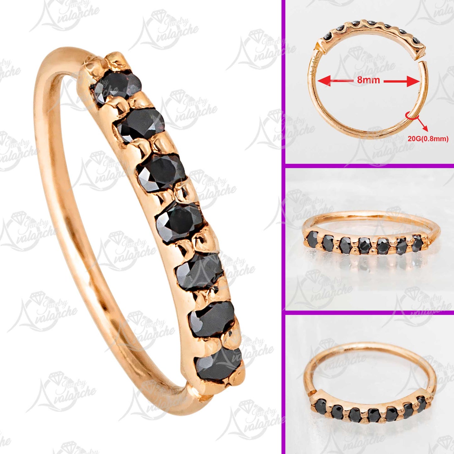 Jewelry Avalanche Unisex 20G 14K Gold 7-stone Nose Hoop Ring with Black Moissanites, 8mm Nose Ring