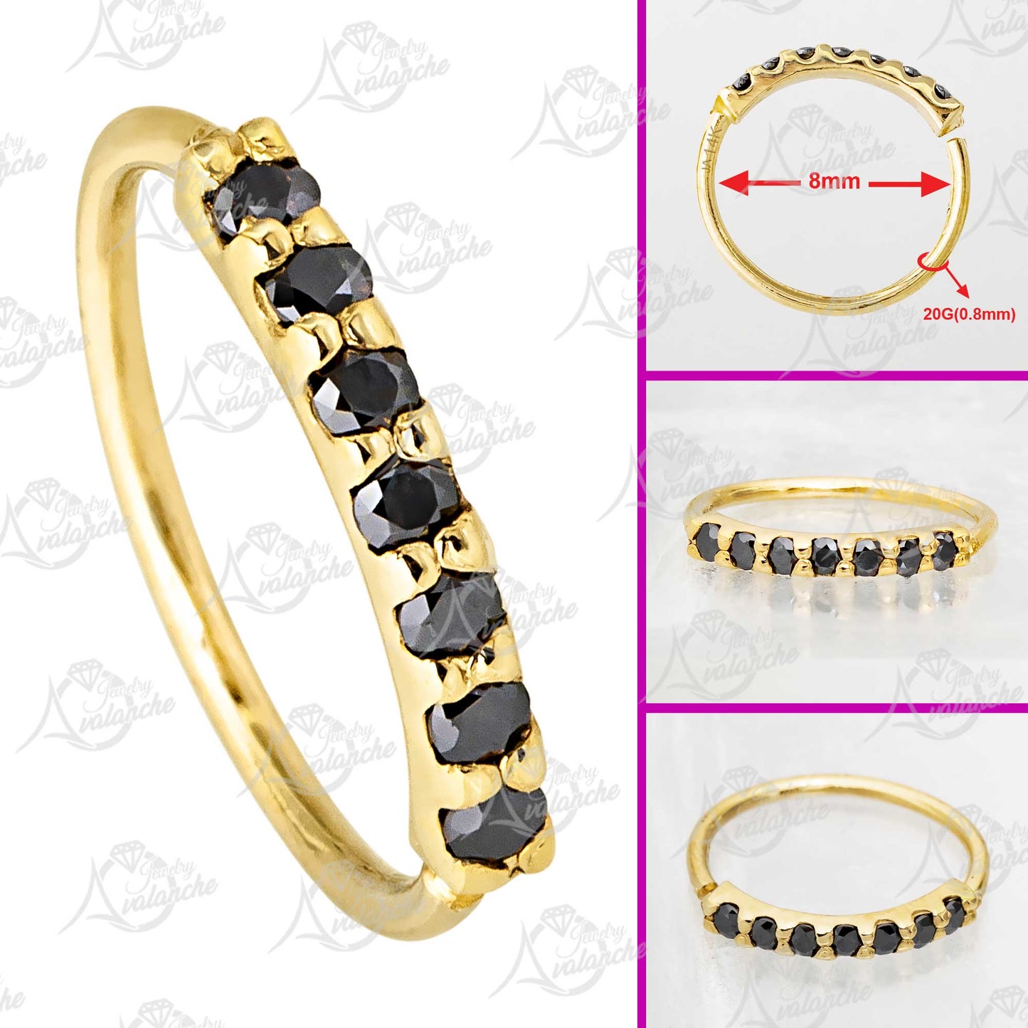 Jewelry Avalanche Unisex 20G 14K Gold 7-stone Nose Hoop Ring with Black Moissanites, 8mm Nose Ring