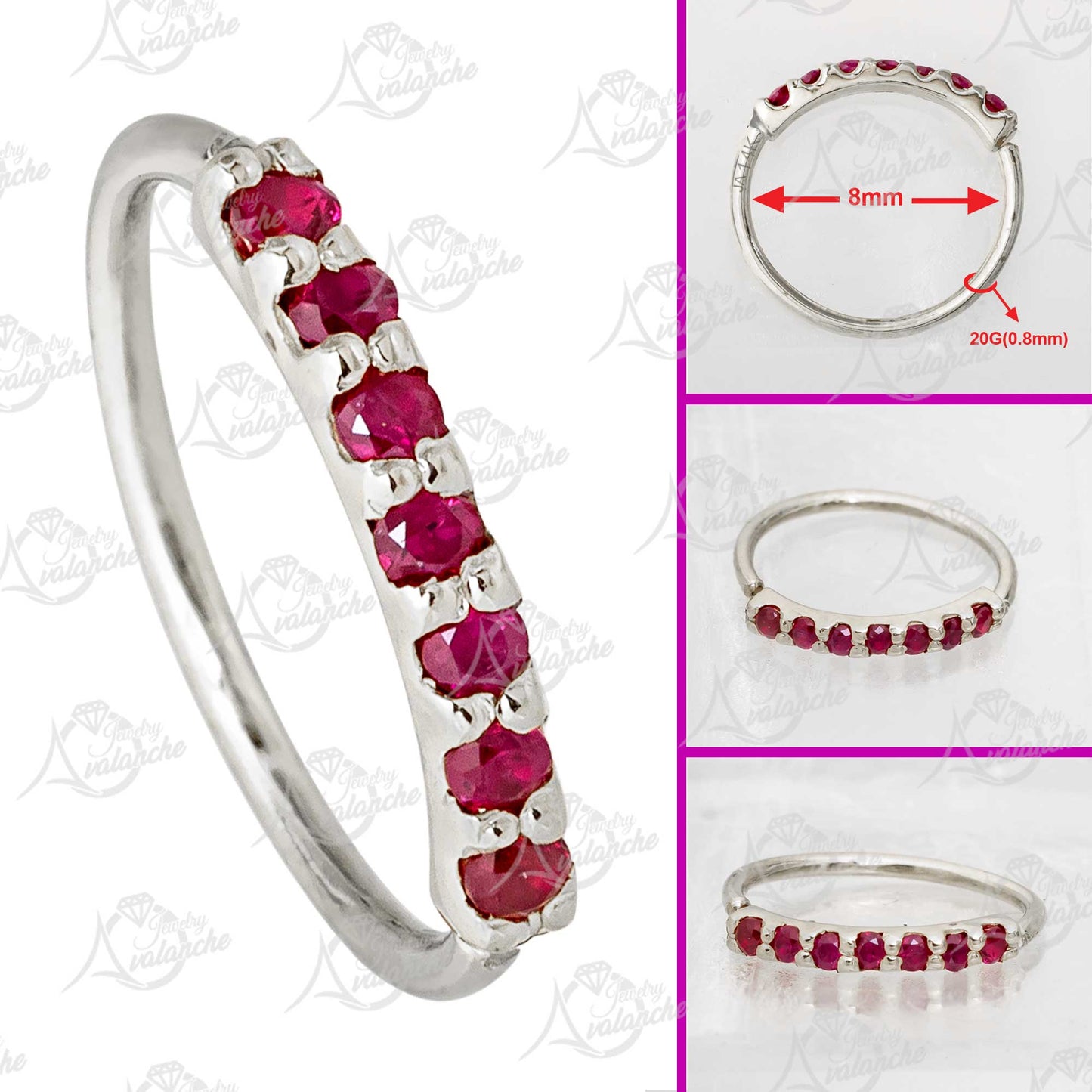 Jewelry Avalanche Unisex 20G 14K Gold 7-stone Ruby Nose Hoop, 8mm(5/16") Nose Ring
