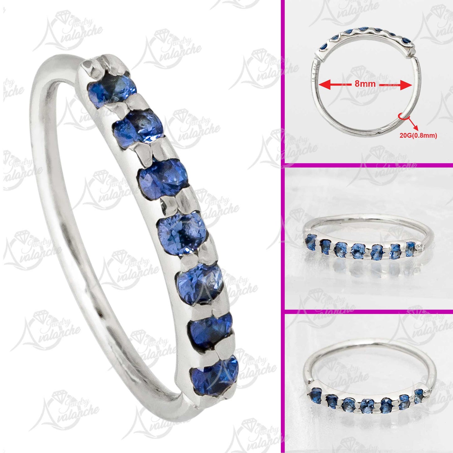 Jewelry Avalanche Unisex 20G 14K Gold 7-stone Blue Sapphire Nose Hoop, 8mm(5/16") Nose Ring