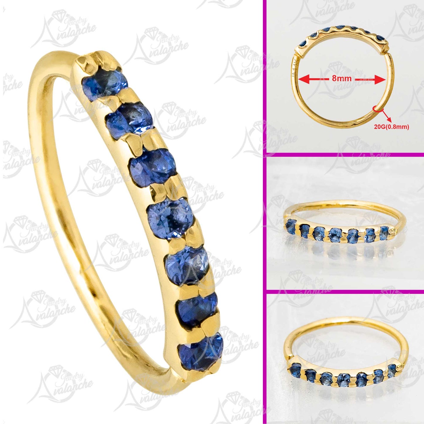 Jewelry Avalanche Unisex 20G 14K Gold 7-stone Blue Sapphire Nose Hoop, 8mm(5/16") Nose Ring