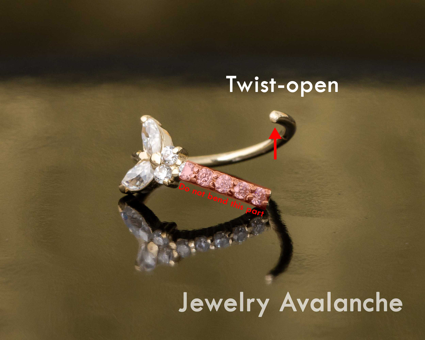 Jewelry Avalanche 14K Gold Butterfly Diamond Nose Hoop Ring, 20G 8mm Twist-open Nose Ring