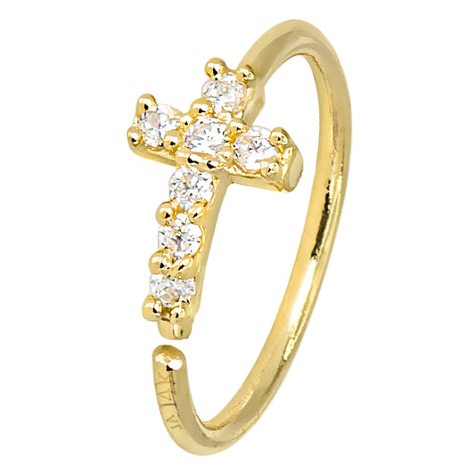 Jewelry Avalanche 14K Gold Cross CZ Nose Hoop Ring, 20G, 8mm, Twist-open