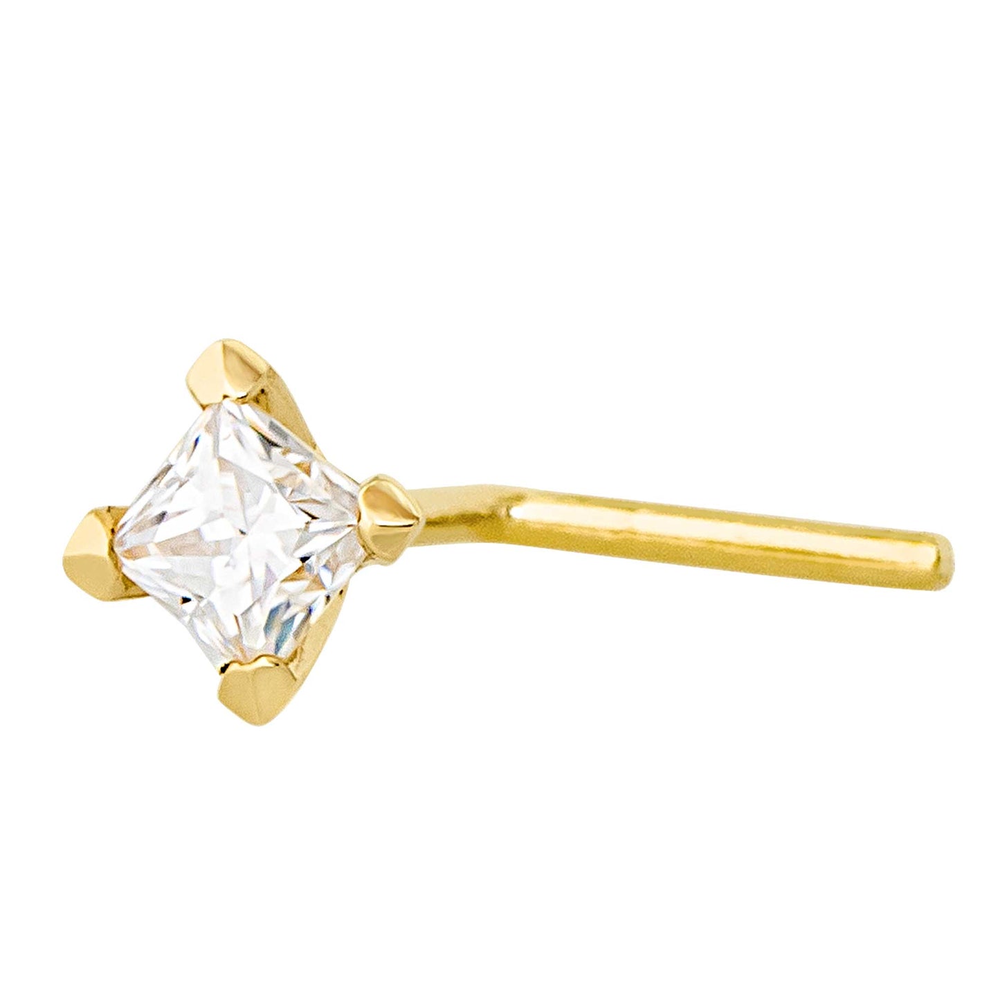 Jewelry Avalanche V-Prong Set Princess Cut Moissanite L-Shape Nose Stud, Solid 14K Gold, 22G