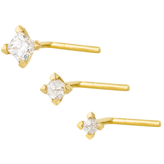 Jewelry Avalanche V-Prong Set Princess Cut Moissanite L-Shape Nose Stud, Solid 14K Gold, 22G
