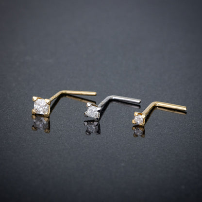 Jewelry Avalanche V-Prong Set Princess Cut Moissanite L-Shape Nose Stud, Solid 14K Gold, 22G
