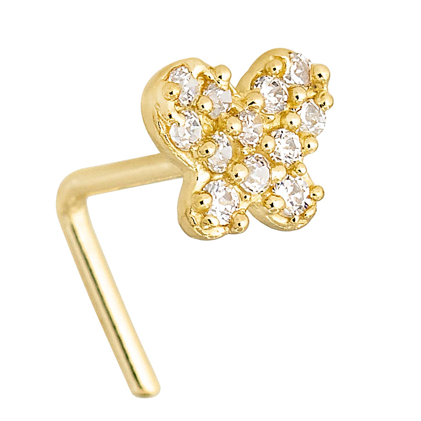 Jewelry Avalanche 20G 14K Yellow Gold Pave Set CZ Butterfly L-Shape Nose Ring Stud