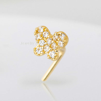 Jewelry Avalanche 20G 14K Yellow Gold Pave Set CZ Butterfly L-Shape Nose Ring Stud