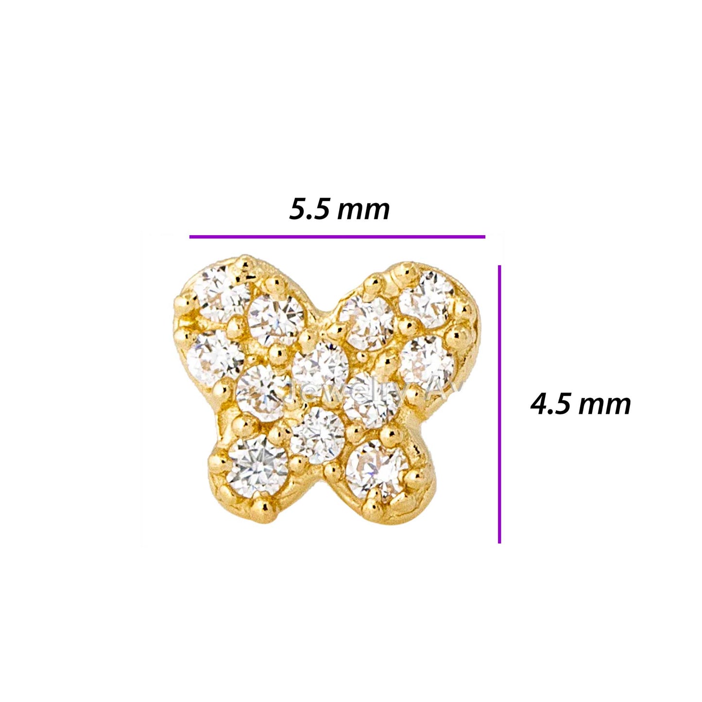 Jewelry Avalanche 20G 14K Yellow Gold Pave Set CZ Butterfly L-Shape Nose Ring Stud