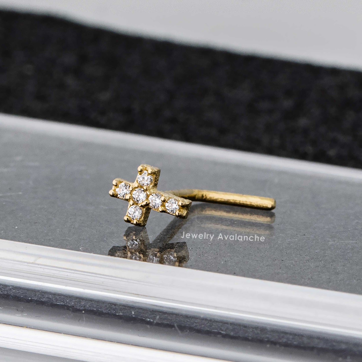 Jewelry Avalanche 20G 14K Gold L-Shape Cross Nose Stud – CZ Accented Religious Nose Jewelry