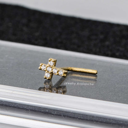 Jewelry Avalanche 20G 14K Gold L-Shape Cross Nose Stud – CZ Accented Religious Nose Jewelry