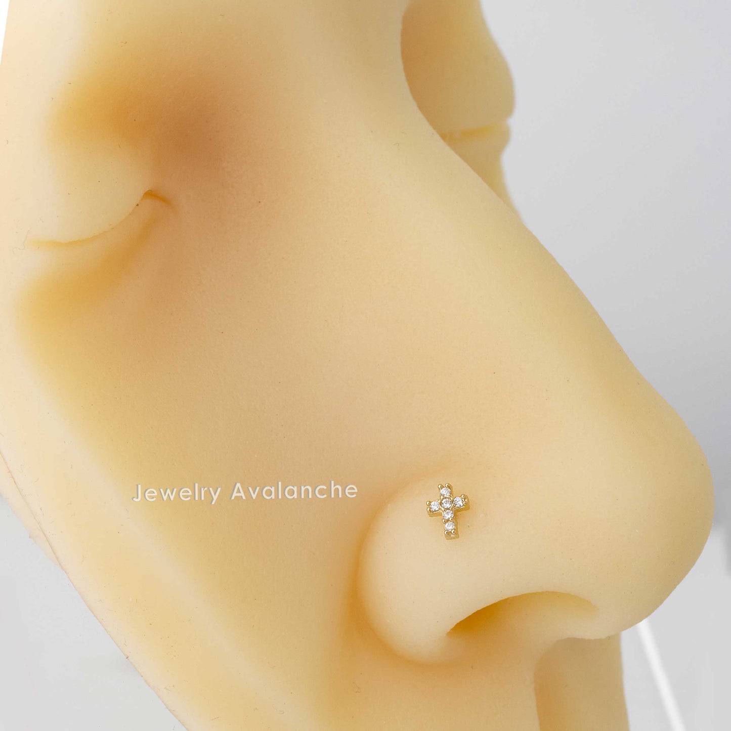 Jewelry Avalanche 20G 14K Gold L-Shape Cross Nose Stud – CZ Accented Religious Nose Jewelry